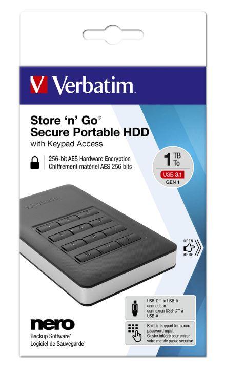 Verbatim Store 'n' Go Secure Portable HDD with Keypad Access, 1TB capacity, sleek black design, featuring a built-in keypad for secure access.
