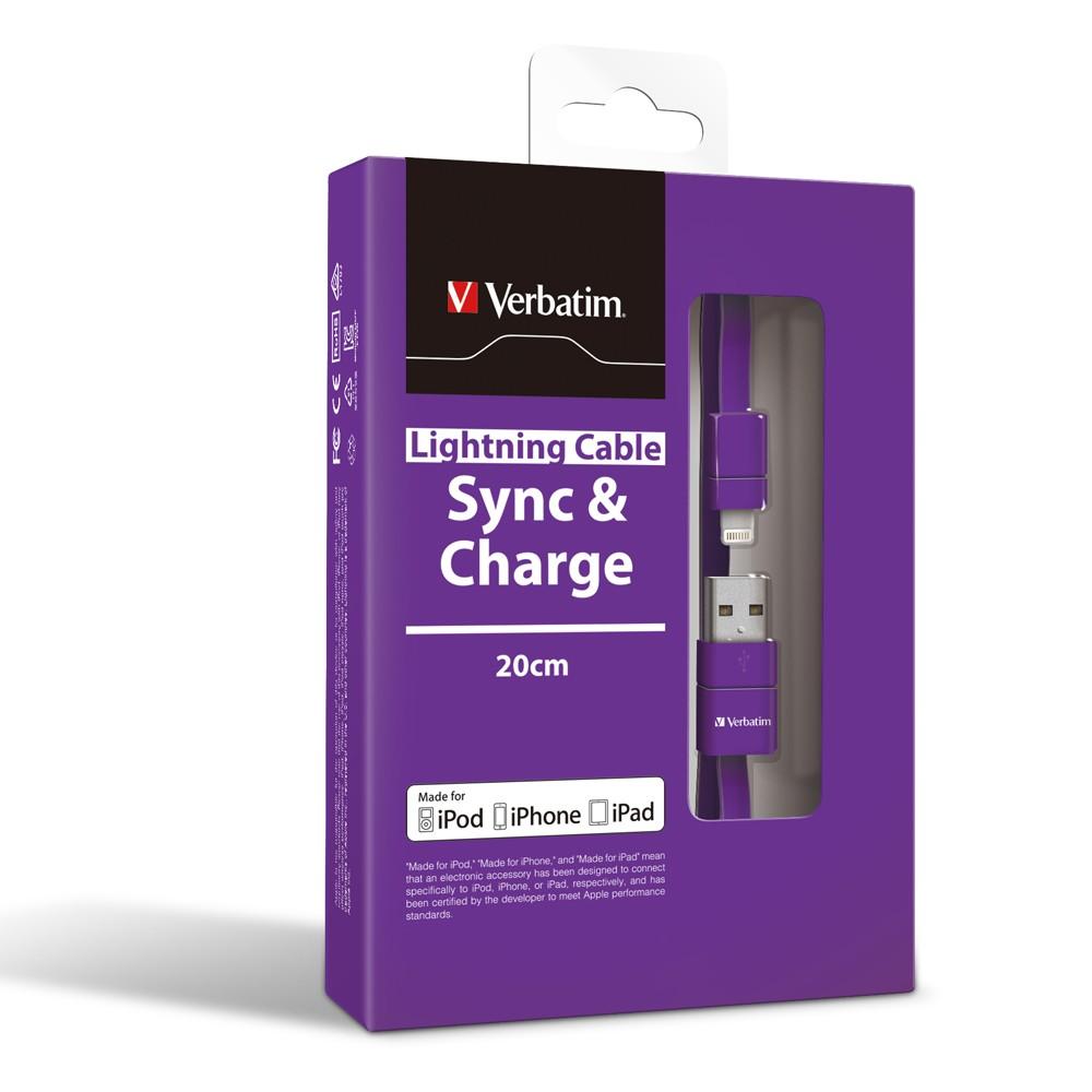 VERBATIM Super Flexible Lightning Cable in Purple, 20cm long, featuring a soft-touch rubber coating and flat pin design for easy portability.