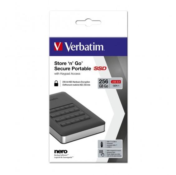 Verbatim USB 3.1 Store'n'Go Secure SSD in black with keypad access, showcasing its sleek design and compact size.