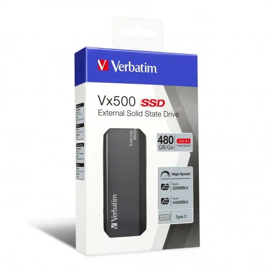 VERBATIM Vx500 External SSD Drive 480GB with sleek aluminum housing and USB 3.1 Type-C connector, showcasing its compact size.
