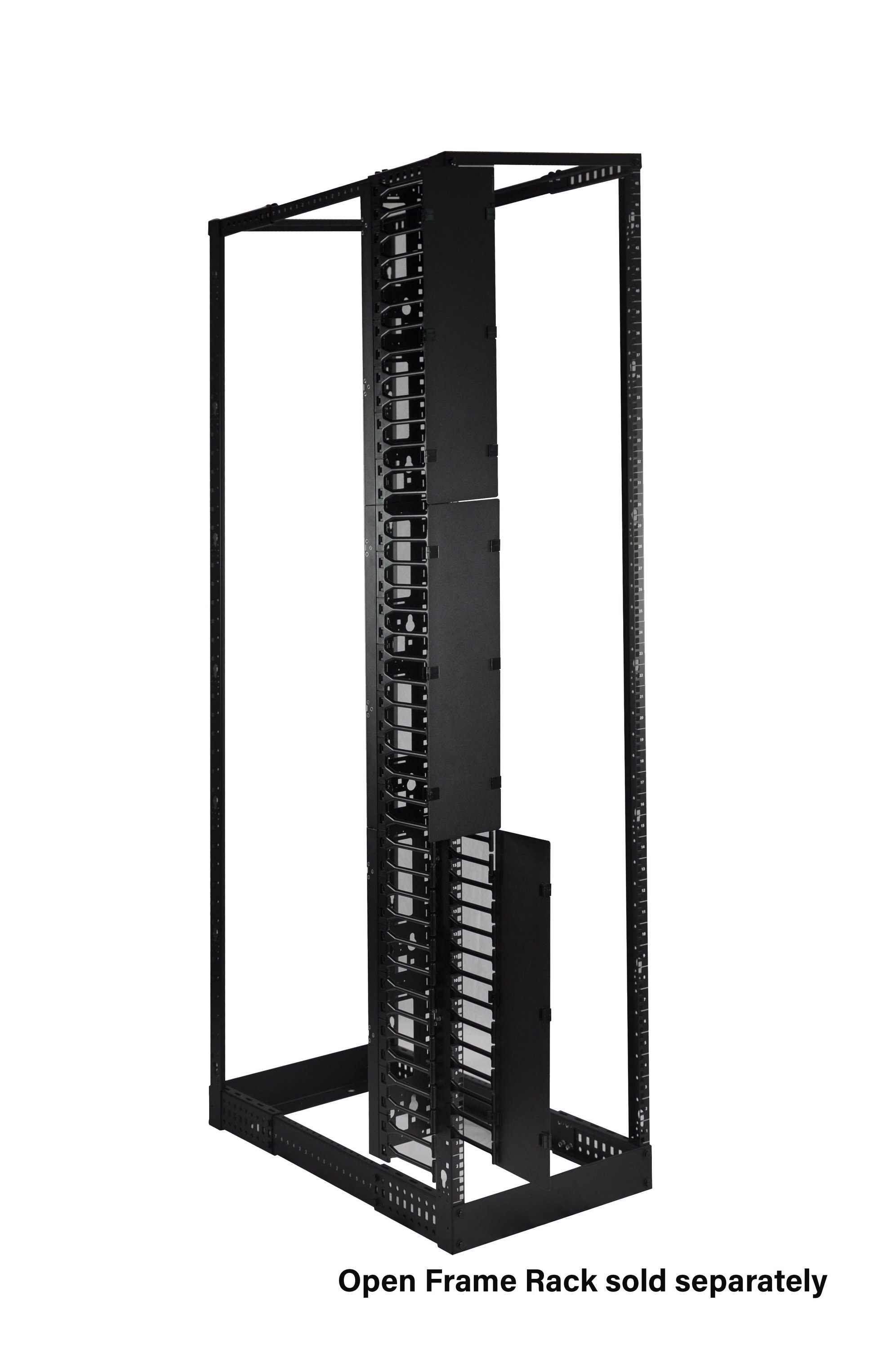 Vertical Cable Manager designed for open frame racks, featuring a sleek black finish and durable metal and plastic construction.