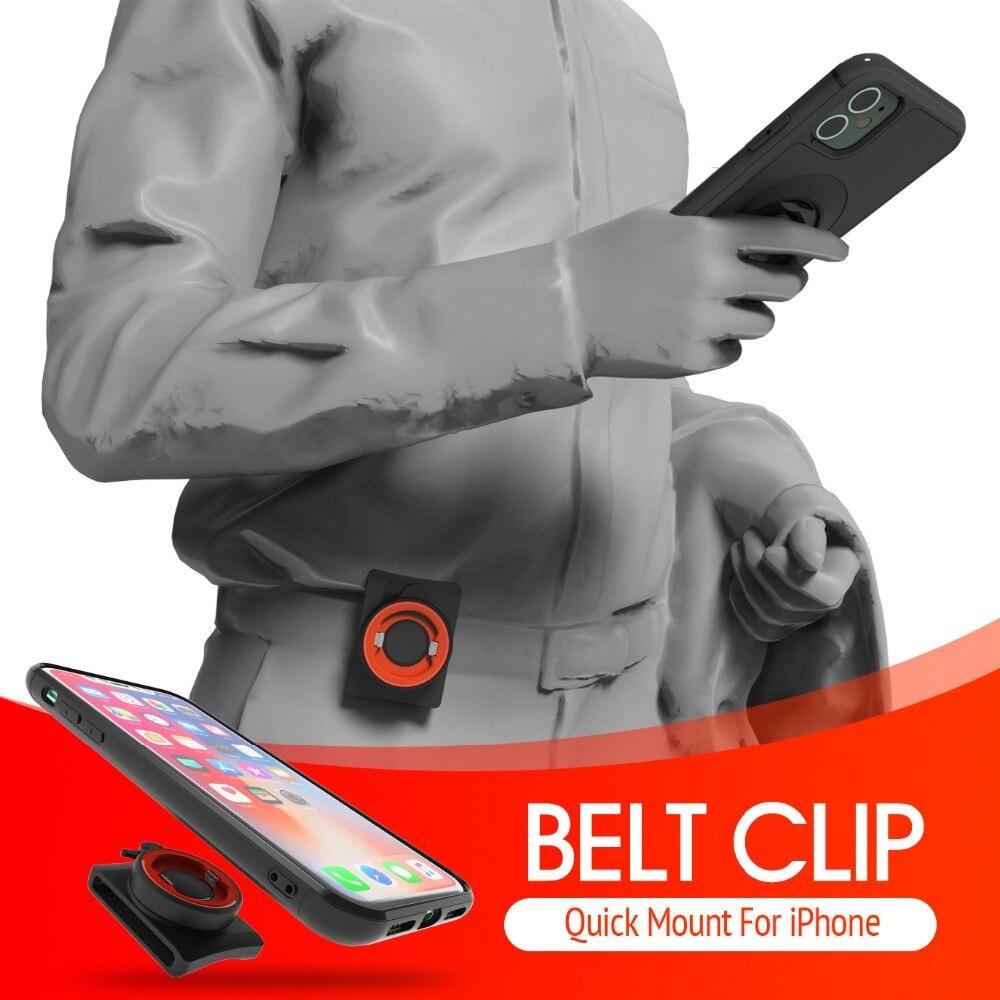 Vertical Universal Buckle Lock Cell Phone Bracket mounted on a waist belt, securely holding a smartphone for outdoor activities.
