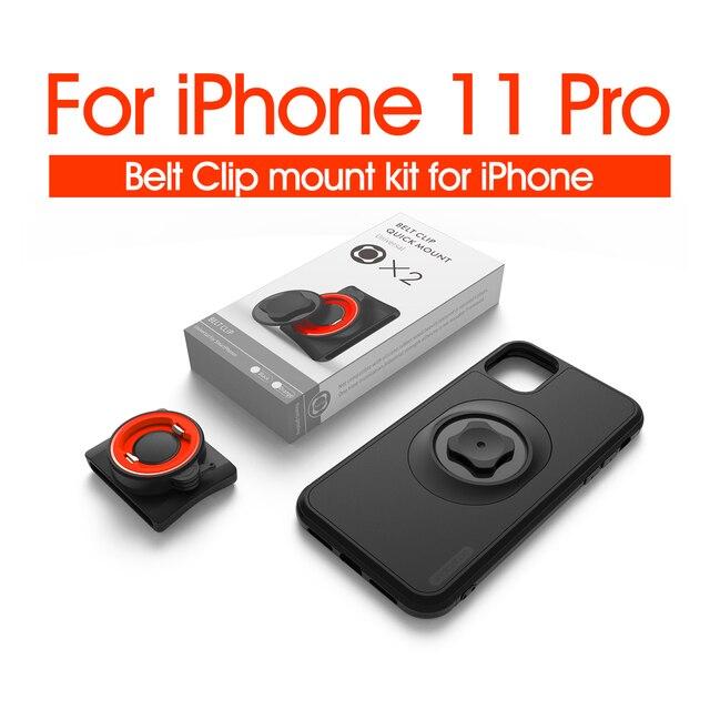 Vertical Universal Buckle Lock Cell Phone Bracket mounted on a waist belt, securely holding a smartphone for outdoor activities.