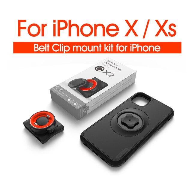 Vertical Universal Buckle Lock Cell Phone Bracket mounted on a waist belt, securely holding a smartphone for outdoor activities.