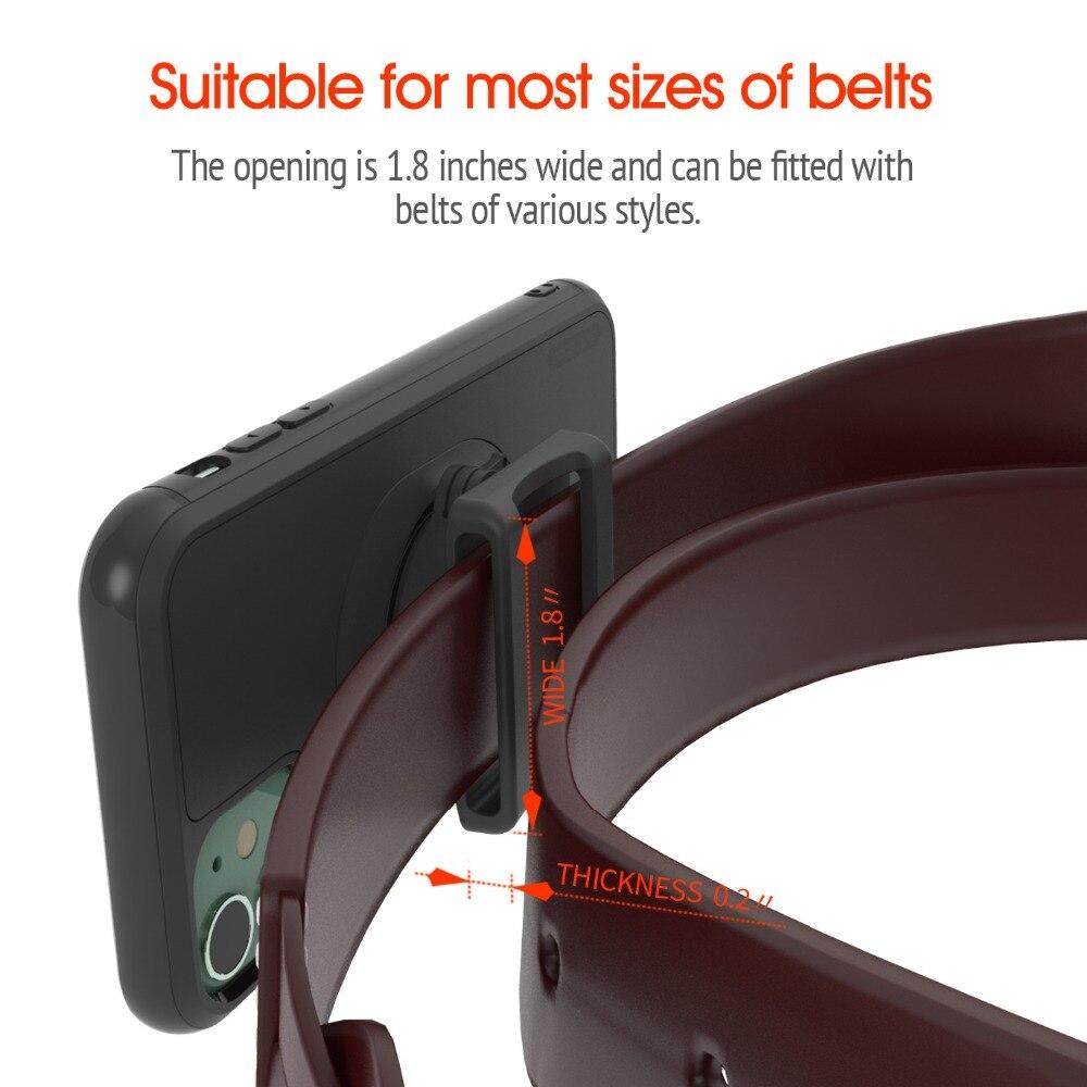 Vertical Universal Buckle Lock Cell Phone Bracket mounted on a waist belt, securely holding a smartphone for outdoor activities.