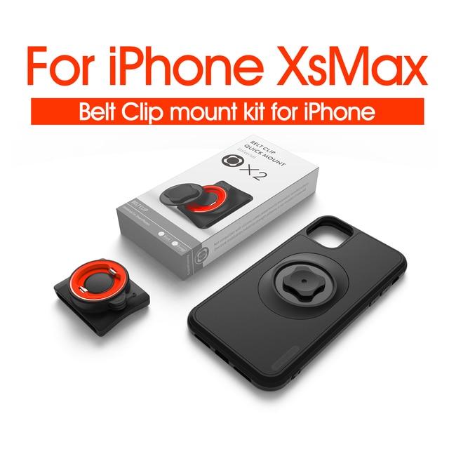 Vertical Universal Buckle Lock Cell Phone Bracket mounted on a waist belt, securely holding a smartphone for outdoor activities.