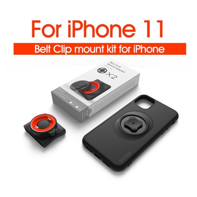 Vertical Universal Buckle Lock Cell Phone Bracket mounted on a waist belt, securely holding a smartphone for outdoor activities.