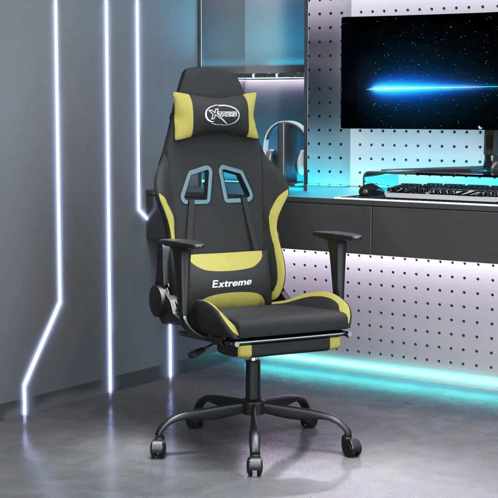vidaXL Gaming Chair in black and light green fabric with footrest, showcasing its ergonomic design and adjustable features.