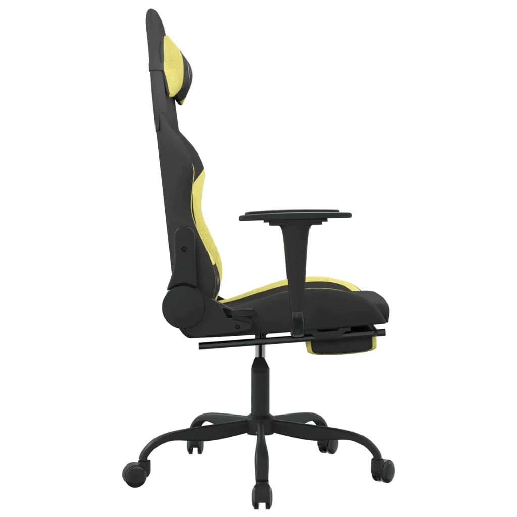 vidaXL Gaming Chair in black and light green fabric with footrest, showcasing its ergonomic design and adjustable features.