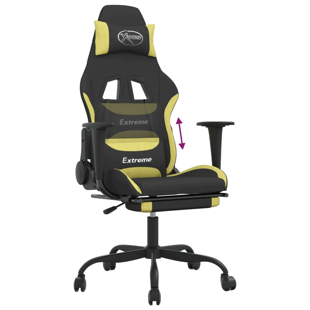 vidaXL Gaming Chair in black and light green fabric with footrest, showcasing its ergonomic design and adjustable features.
