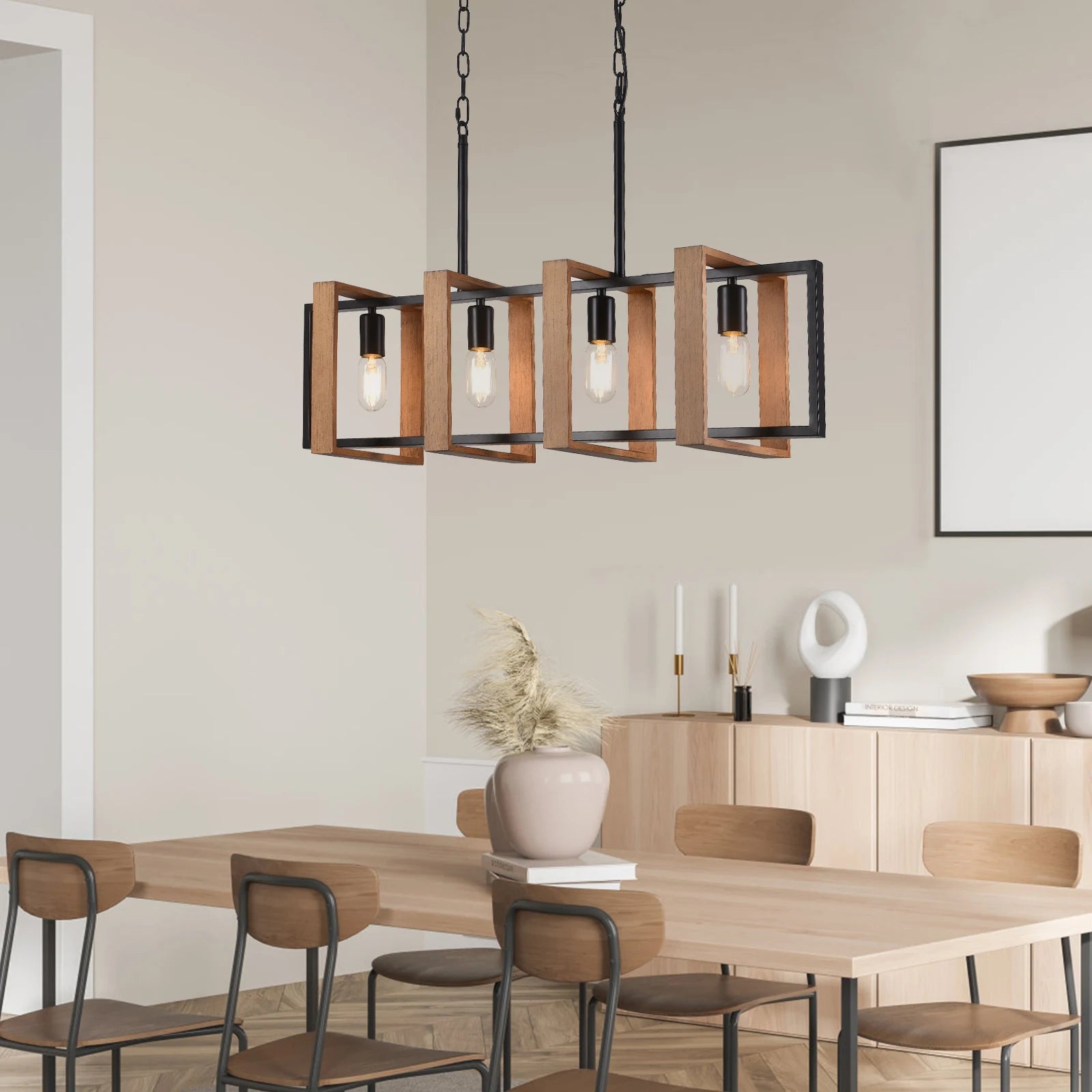 Vintage 4-Light Chandelier featuring a retro texture design with a faux wood finish, ideal for rustic farmhouse decor.