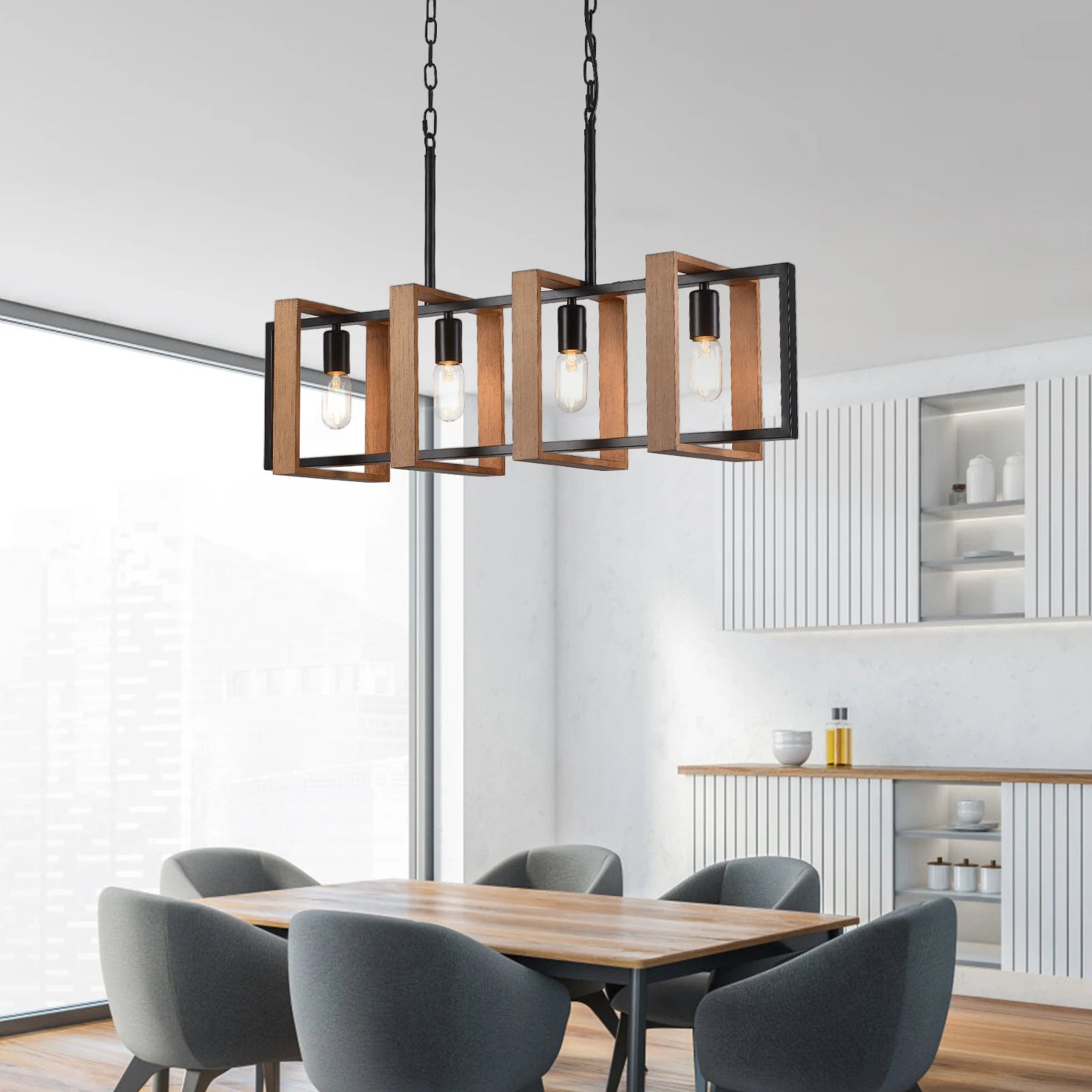 Vintage 4-Light Chandelier featuring a retro texture design with a faux wood finish, ideal for rustic farmhouse decor.