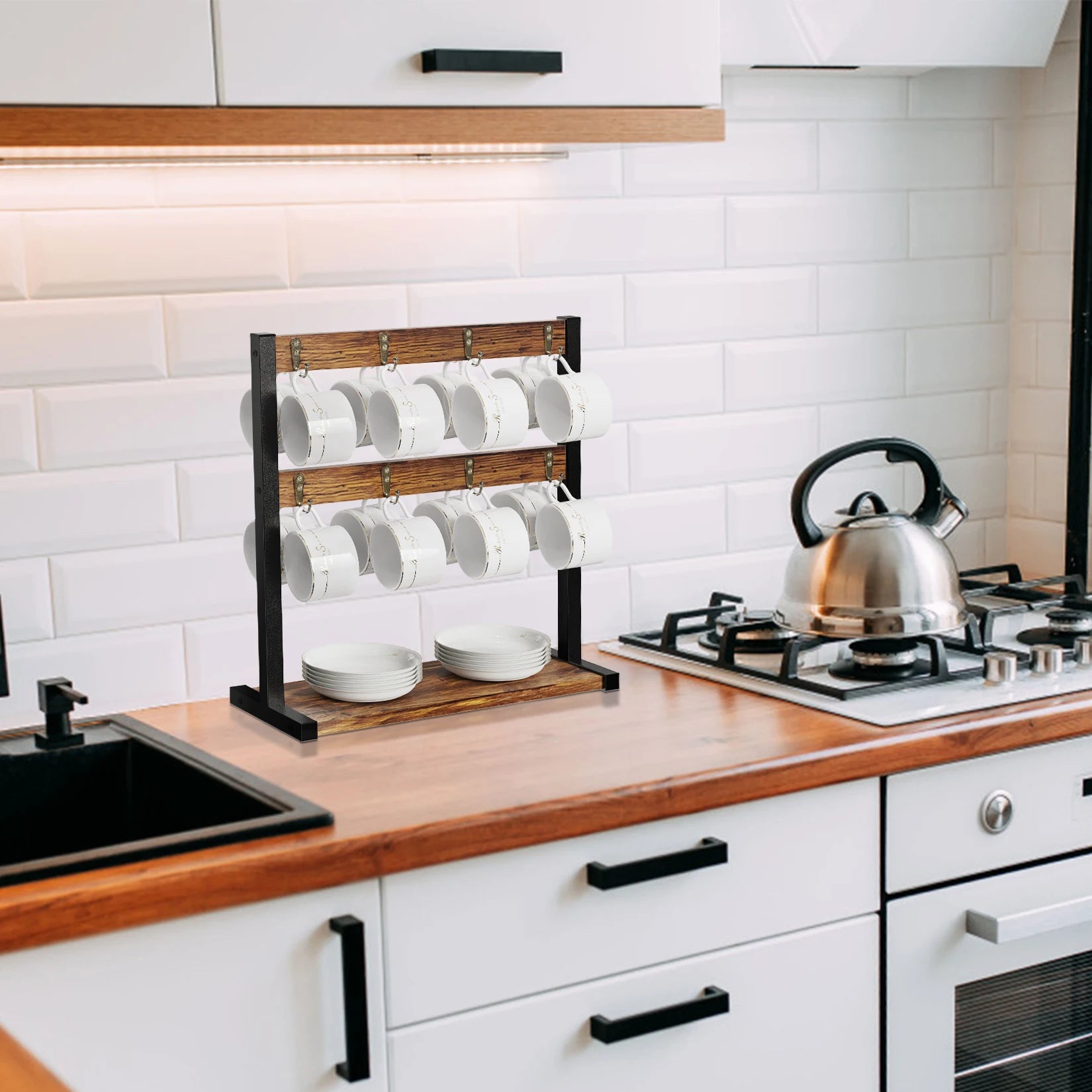 Vintage wood coffee mug holder stand with 2 tiers and 16 hooks, showcasing a rustic design perfect for kitchen countertops.