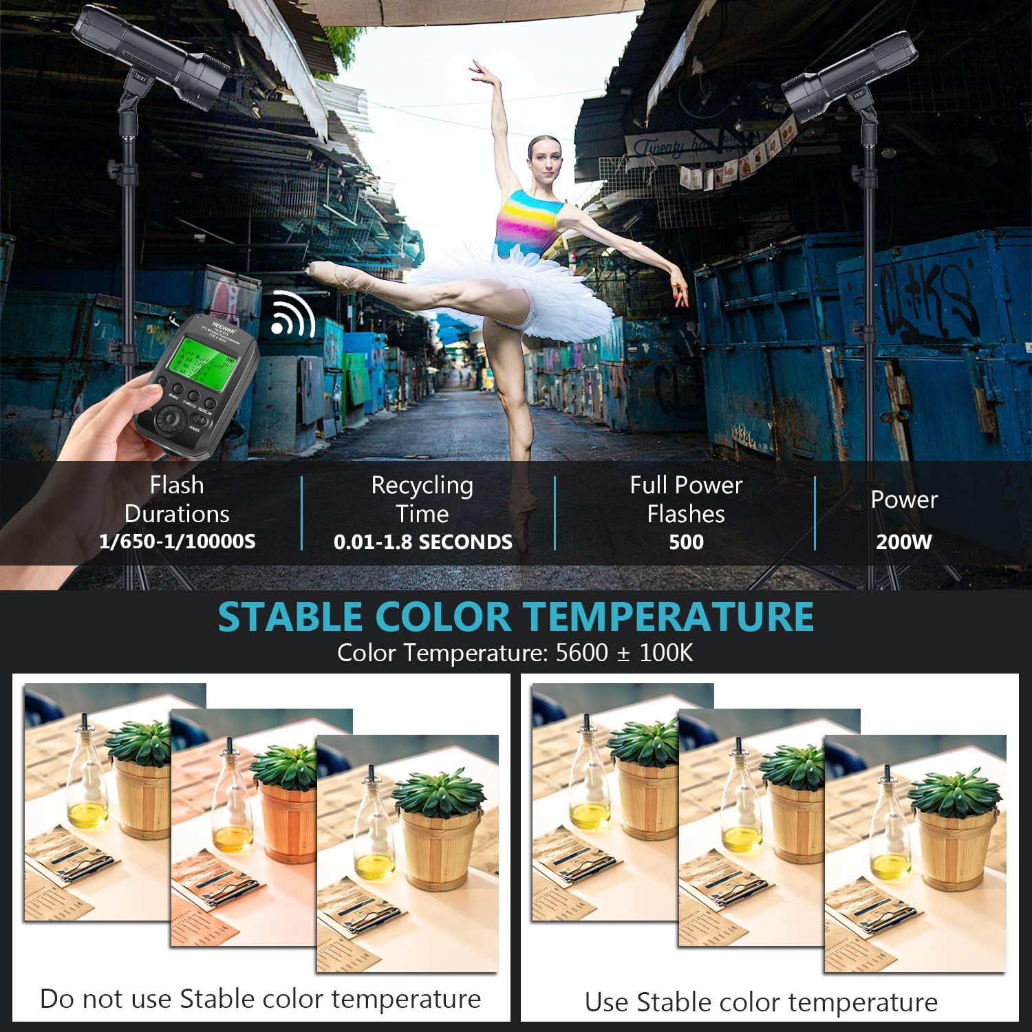 VISION2 200Ws 2.4G TTL Flash Strobe for Sony DSLR cameras, showcasing its sleek design and features.