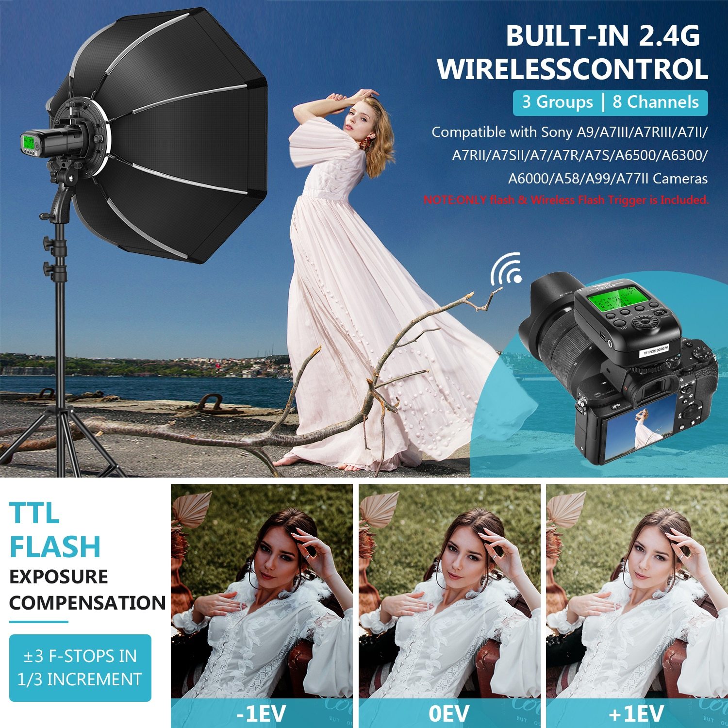 VISION2 200Ws 2.4G TTL Flash Strobe for Sony DSLR cameras, showcasing its sleek design and features.