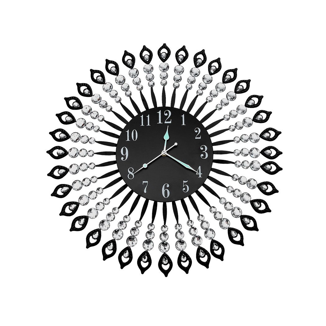 A luxurious large round wall clock with a sleek metal frame and sparkling transparent crystals, designed for modern home and office decor.