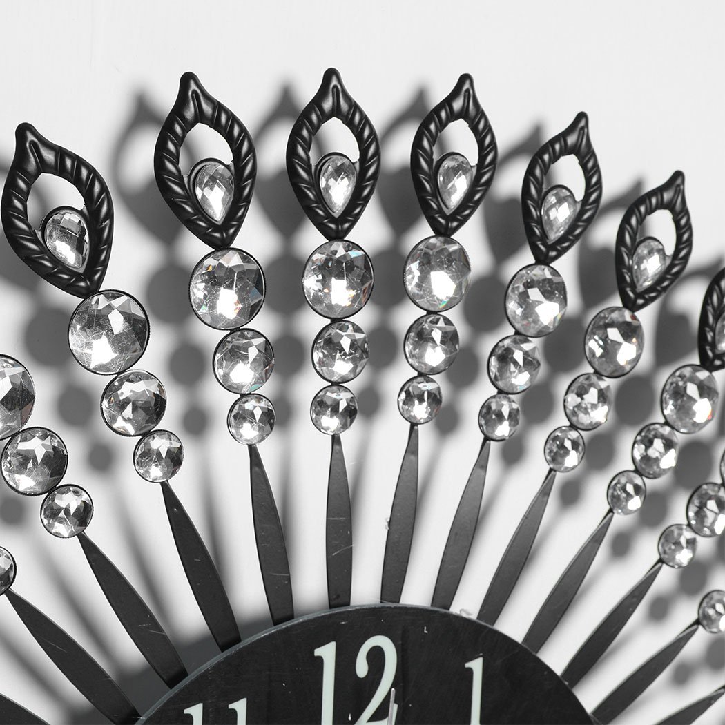 A luxurious large round wall clock with a sleek metal frame and sparkling transparent crystals, designed for modern home and office decor.