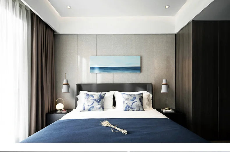 Nordic Wall Lamp featuring a sleek metal design, available in blue, white, and black, perfect for indoor decor.