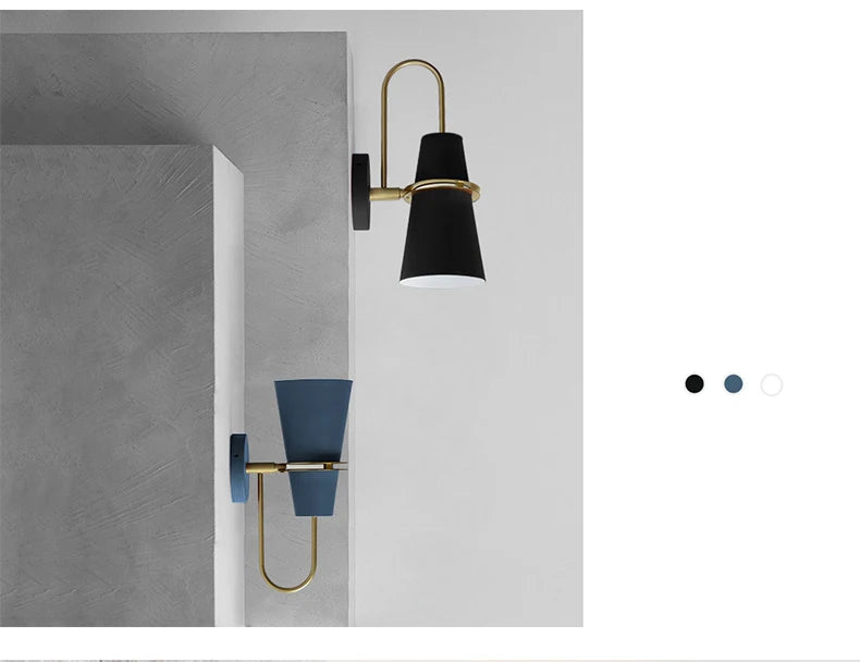 Nordic Wall Lamp featuring a sleek metal design, available in blue, white, and black, perfect for indoor decor.