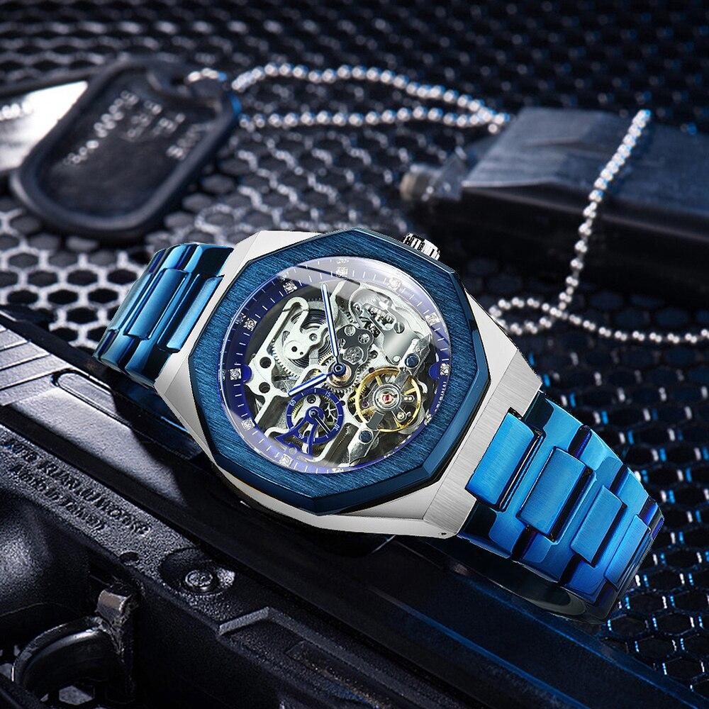 Luxury Men's Automatic Tourbillon Watch with Skeleton Design in Navy Blue, featuring stainless steel case and luminous hands.