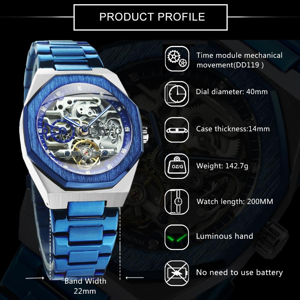 Luxury Men's Automatic Tourbillon Watch with Skeleton Design in Navy Blue, featuring stainless steel case and luminous hands.