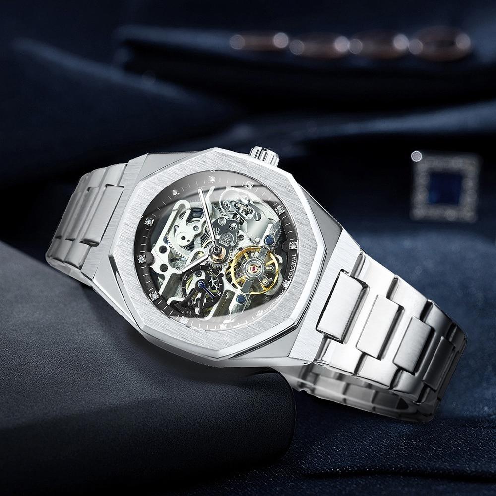 Luxury Men's Automatic Tourbillon Watch with Skeleton Design in Navy Blue, featuring stainless steel case and luminous hands.