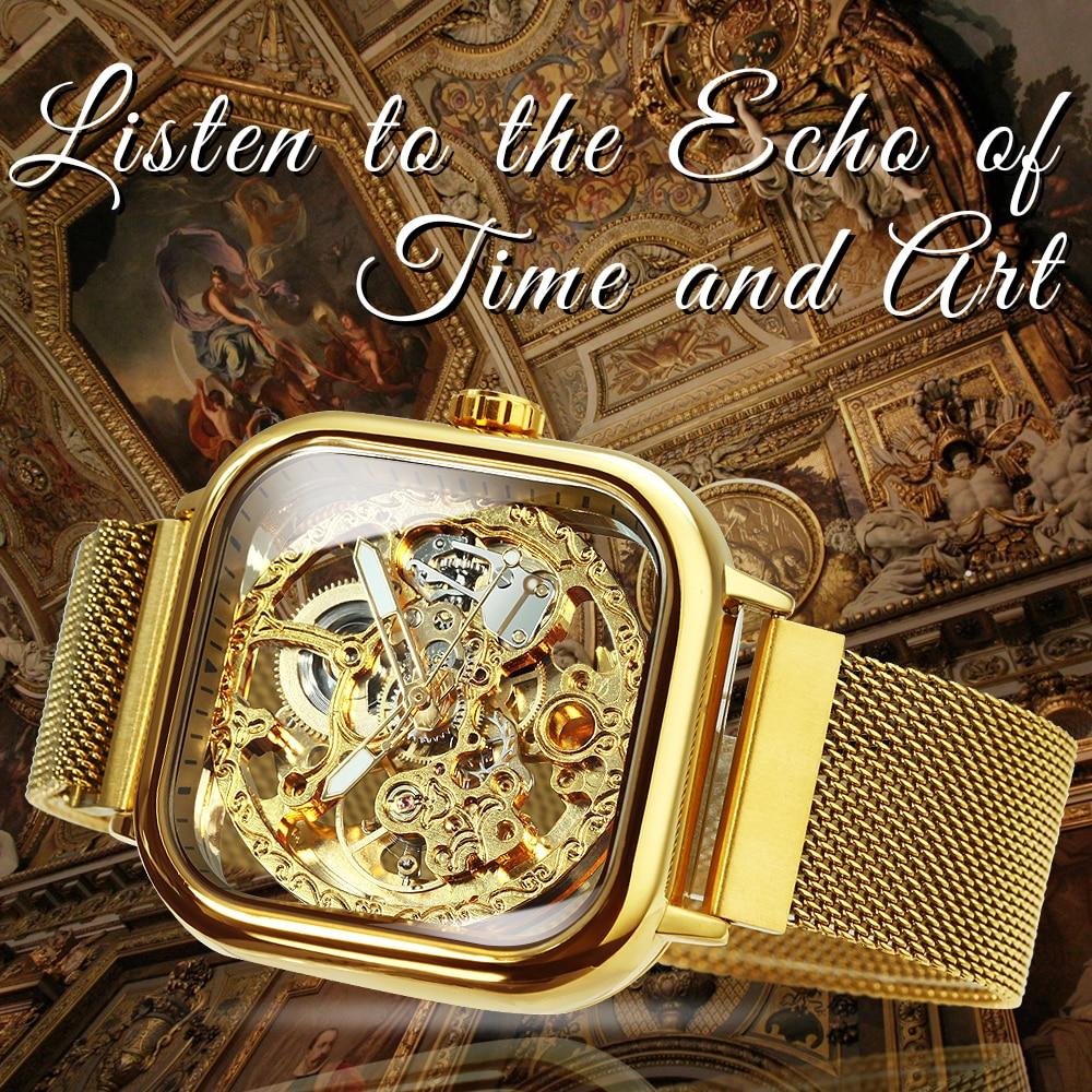 Luxury gold automatic mechanical watch for men with transparent mesh steel wristband and luminous hands.