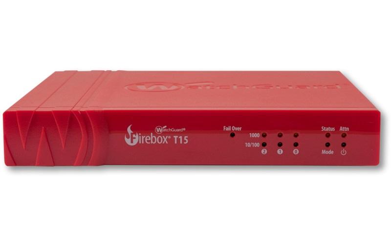WatchGuard Firebox T15 firewall device with sleek design, ideal for small offices and remote work security.