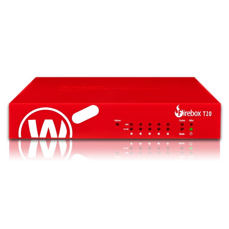 WatchGuard Firebox T20 firewall appliance designed for small offices, featuring multiple ports and compact design.
