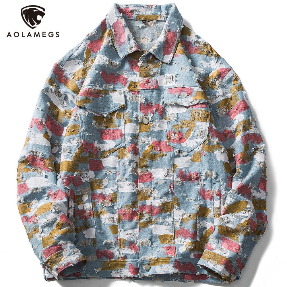 Men's Watercolor Graffiti Hole Ripped Denim Jacket featuring vibrant colors and stylish ripped details, perfect for hip hop fashion.
