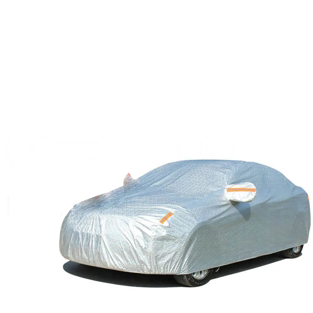 Waterproof adjustable large car cover protecting a vehicle from rain and sun, featuring reflective strips and zippers.