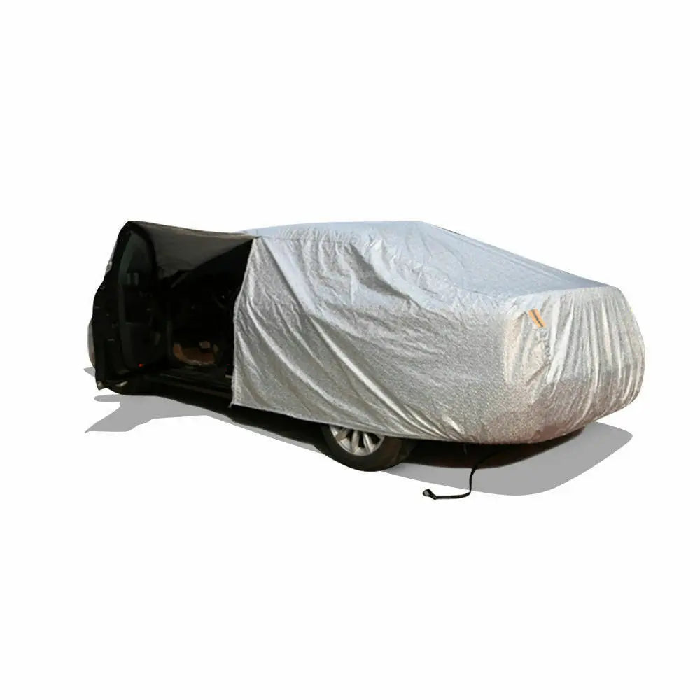 Waterproof adjustable large car cover protecting a vehicle from rain and sun, featuring reflective strips and zippers.