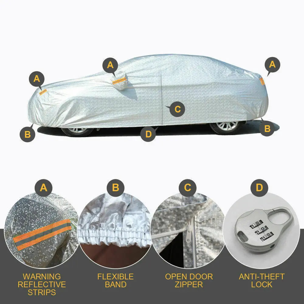 Waterproof adjustable large car cover protecting a vehicle from rain and sun, featuring reflective strips and zippers.