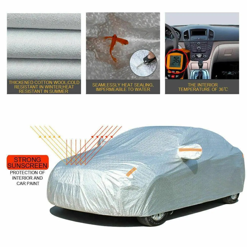 Waterproof adjustable large car cover protecting a vehicle from rain and sun, featuring reflective strips and zippers.