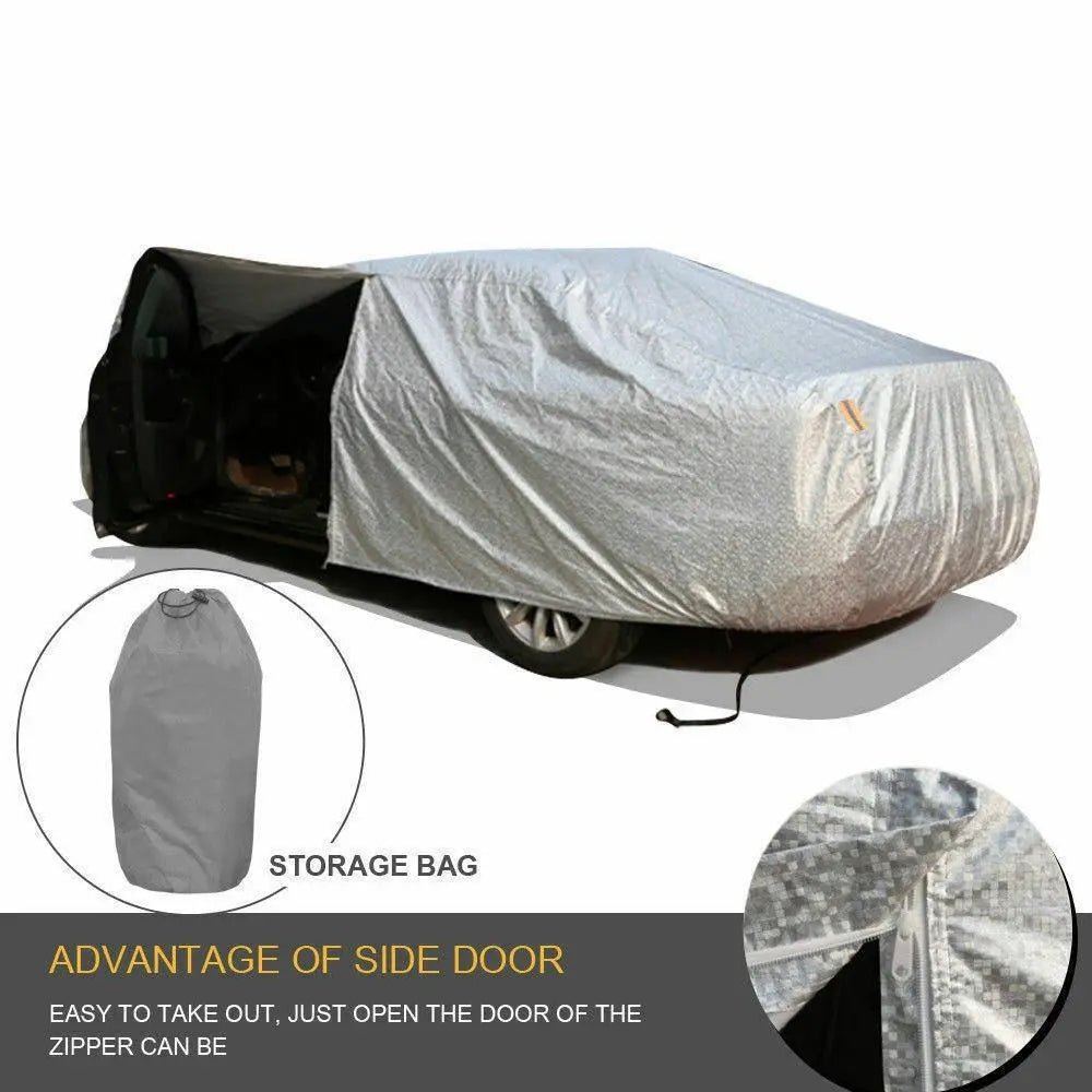 Waterproof adjustable large car cover protecting a vehicle from rain and sun, featuring reflective strips and zippers.