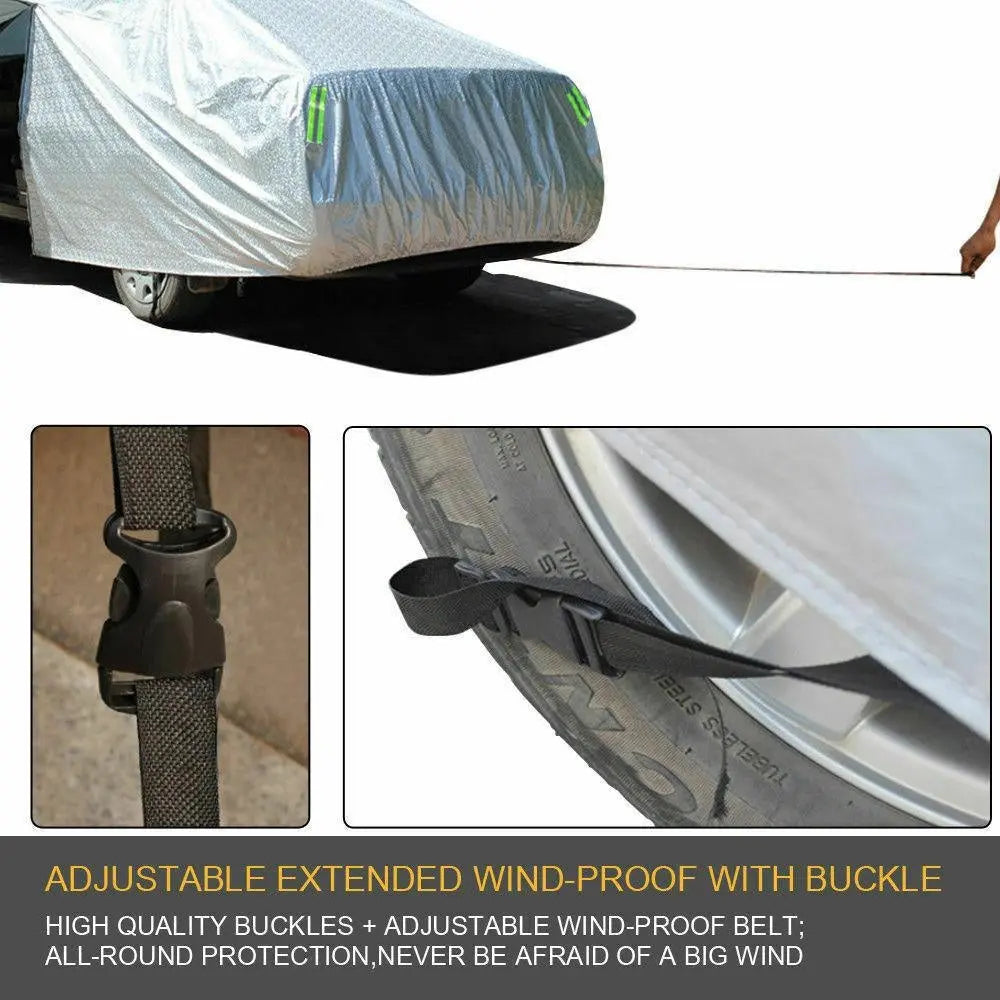 Waterproof adjustable large car cover protecting a vehicle from rain and sun, featuring reflective strips and zippers.