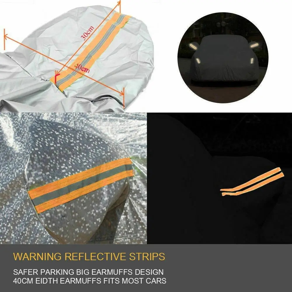 Waterproof adjustable large car cover protecting a vehicle from rain and sun, featuring reflective strips and zippers.