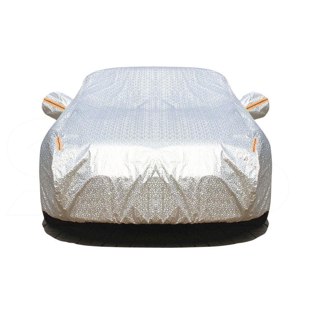 Waterproof adjustable large car cover designed for rain, sun, dust, and UV protection, featuring reflective strips and anti-theft lock.