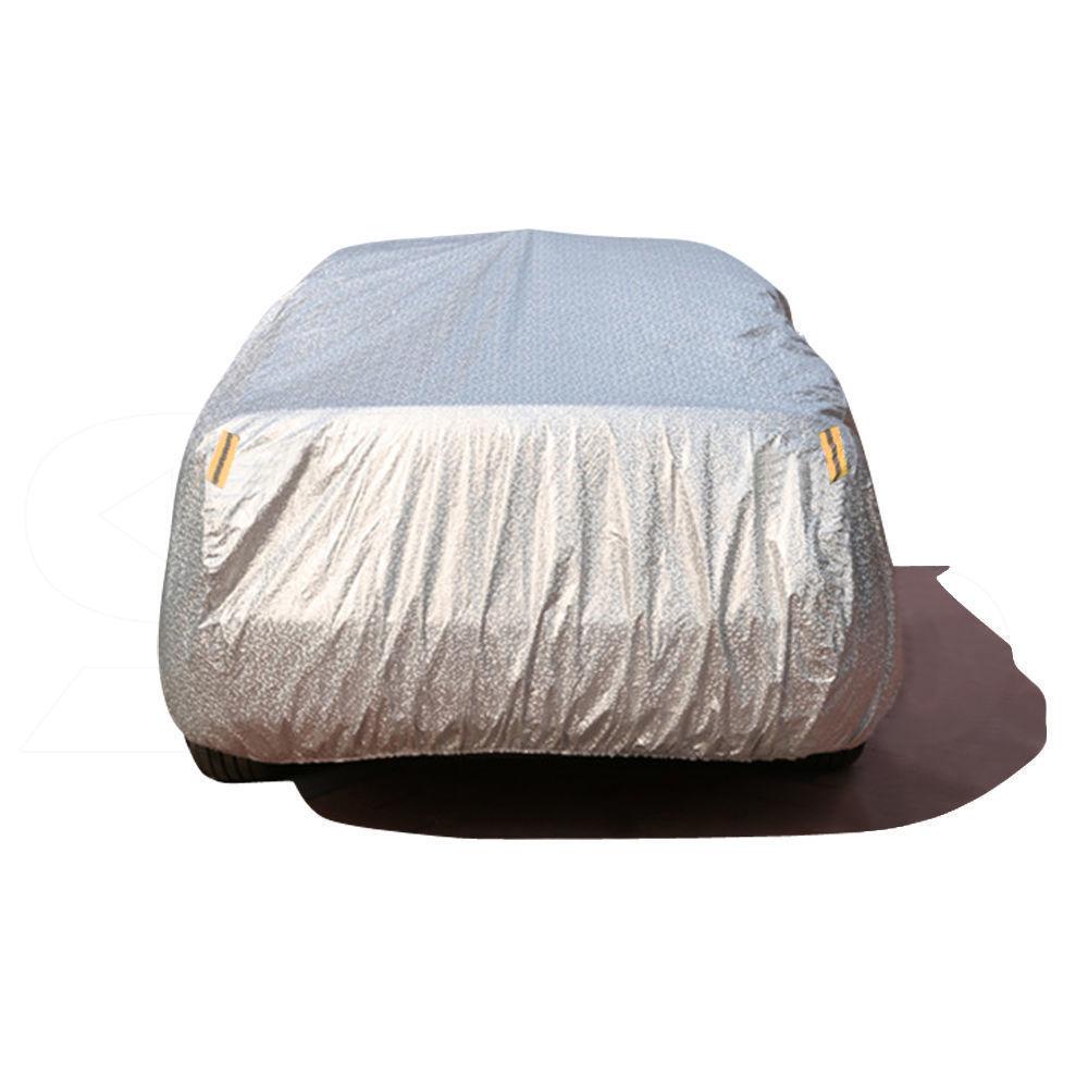 Waterproof adjustable large car cover designed for rain, sun, dust, and UV protection, featuring reflective strips and anti-theft lock.