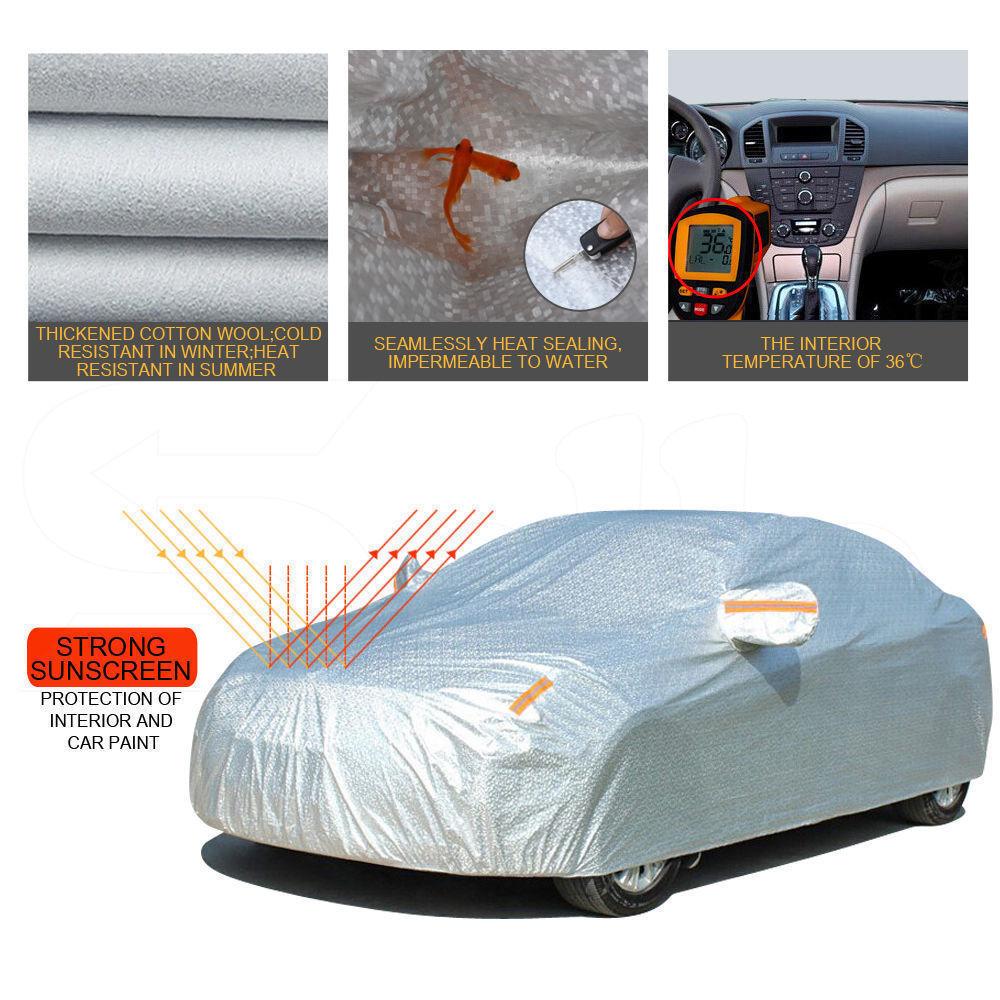Waterproof adjustable large car cover designed for rain, sun, dust, and UV protection, featuring reflective strips and anti-theft lock.