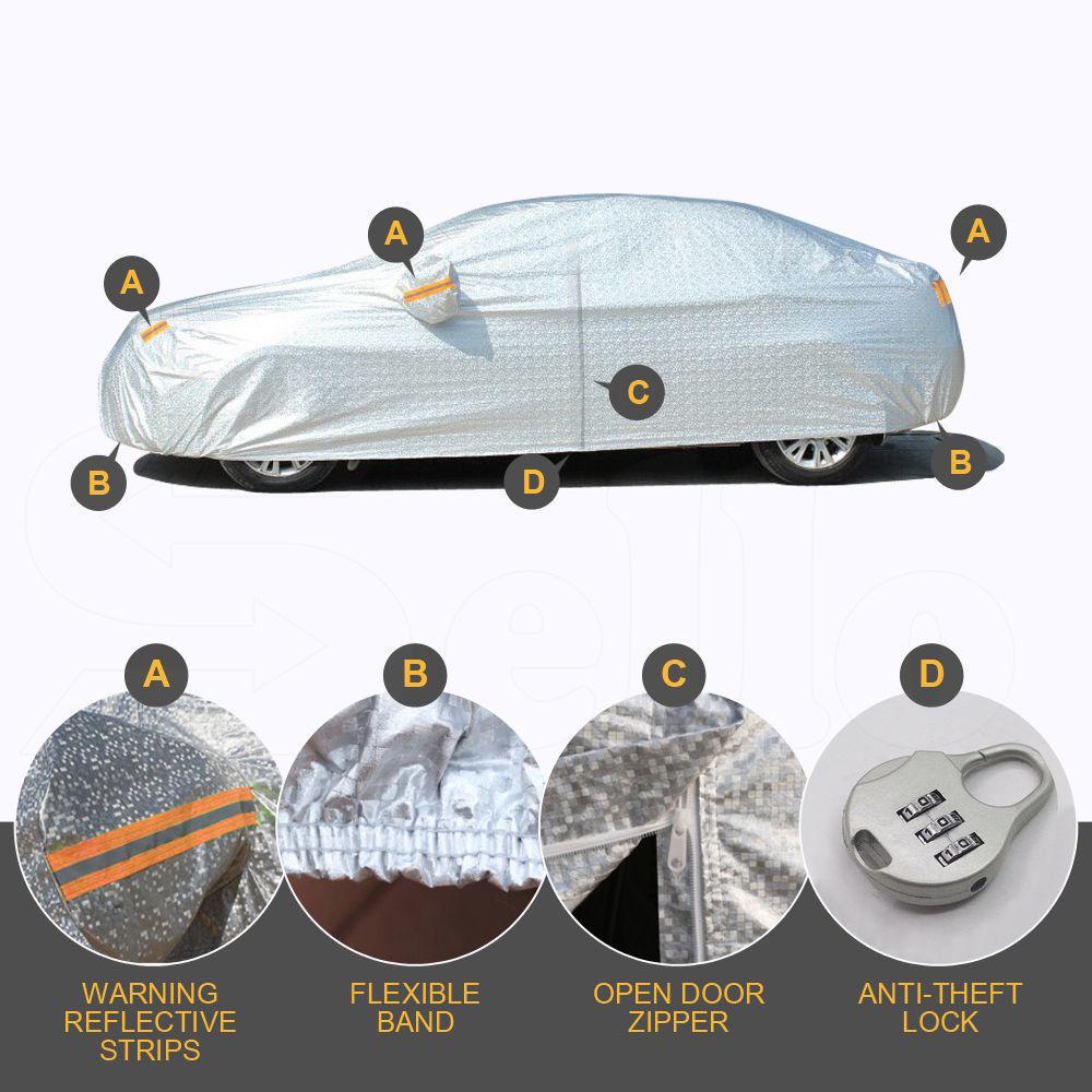 Waterproof adjustable large car cover designed for rain, sun, dust, and UV protection, featuring reflective strips and anti-theft lock.