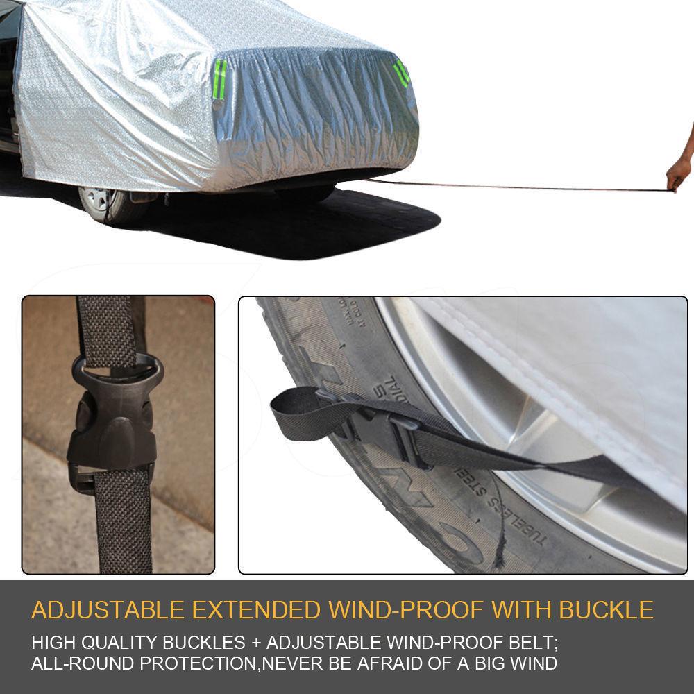 Waterproof adjustable large car cover designed for rain, sun, dust, and UV protection, featuring reflective strips and anti-theft lock.