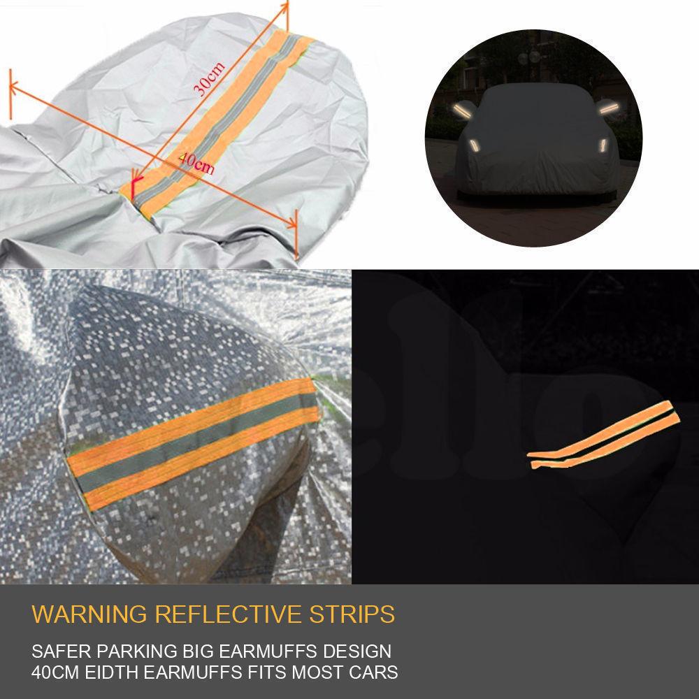 Waterproof adjustable large car cover designed for rain, sun, dust, and UV protection, featuring reflective strips and anti-theft lock.