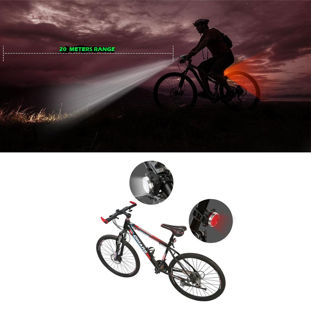 A set of waterproof bicycle lights featuring a white front light and a red rear light, designed for safety and visibility during cycling.