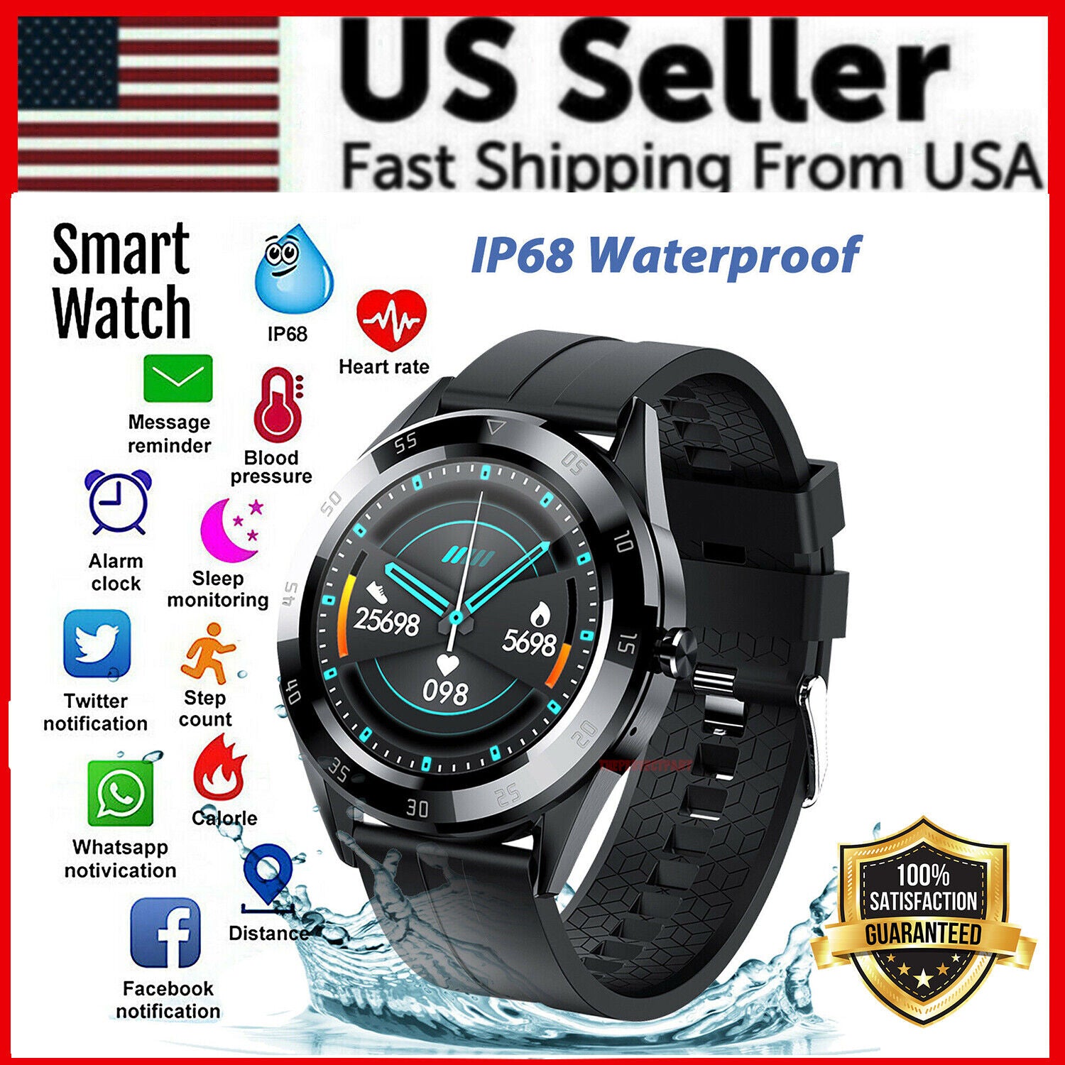 Waterproof Bluetooth Smart Watch Phone Mate with heart rate tracking features, showcasing a sleek design suitable for fitness and daily use.