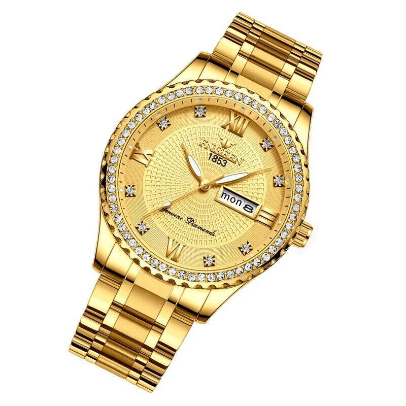 Waterproof Gold Men's Watch featuring a classic stainless steel quartz analog design with diamond accents and a luminous dial.