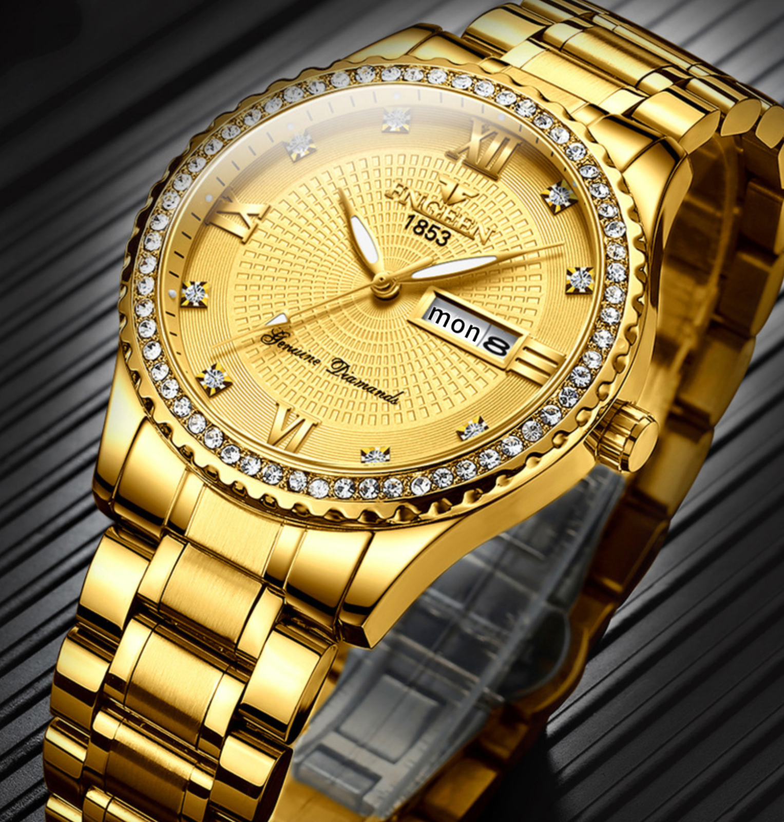 Waterproof Gold Men's Watch featuring a classic stainless steel quartz analog design with diamond accents and a luminous dial.