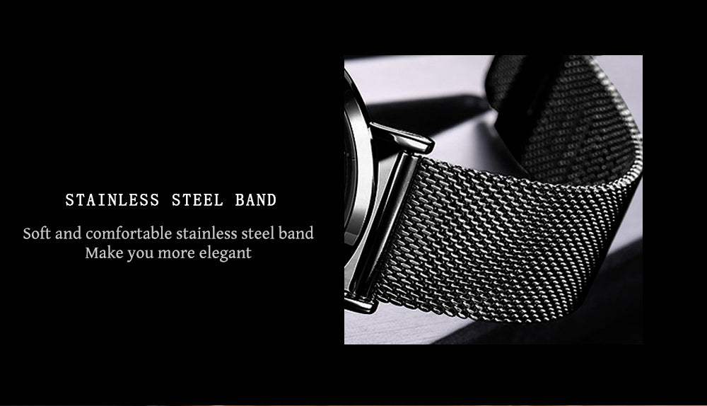 A stylish black watch featuring a waterproof Japan quartz movement and a stainless steel mesh band, perfect for men.