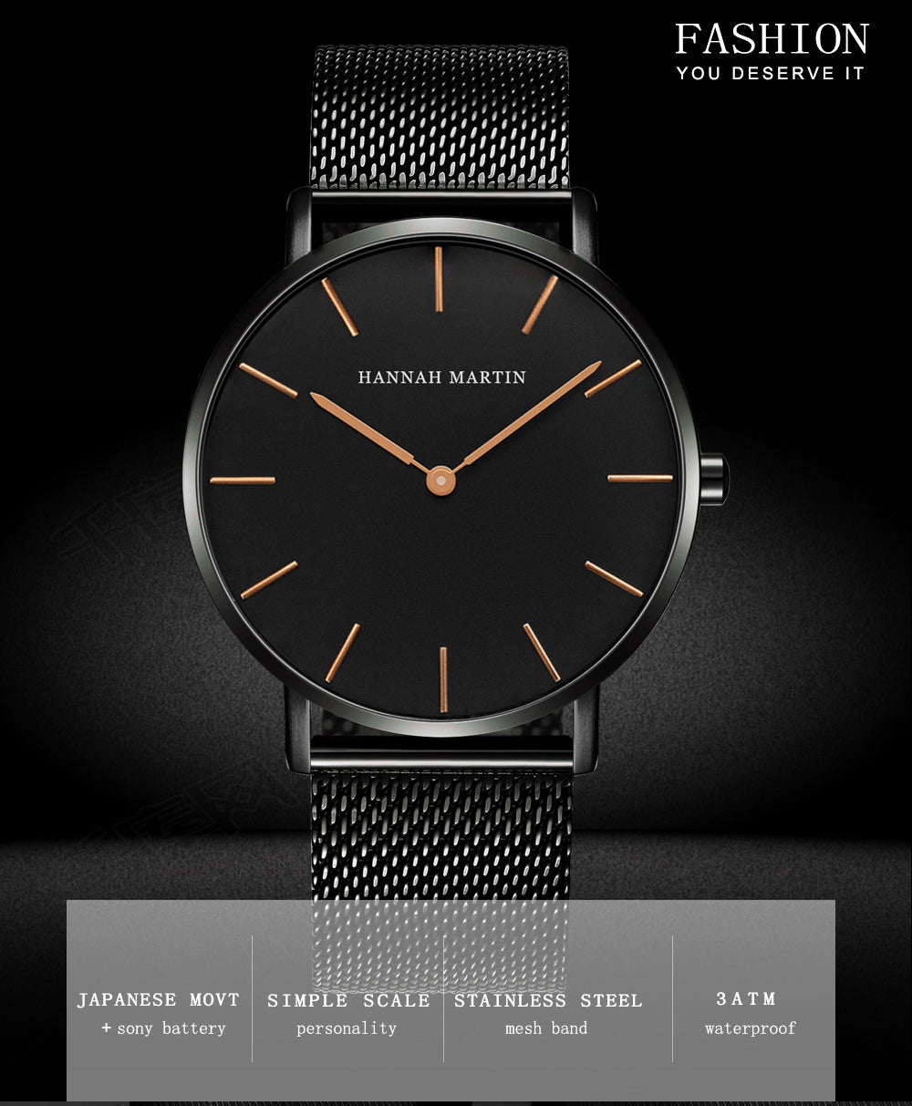 A stylish black watch featuring a waterproof Japan quartz movement and a stainless steel mesh band, perfect for men.
