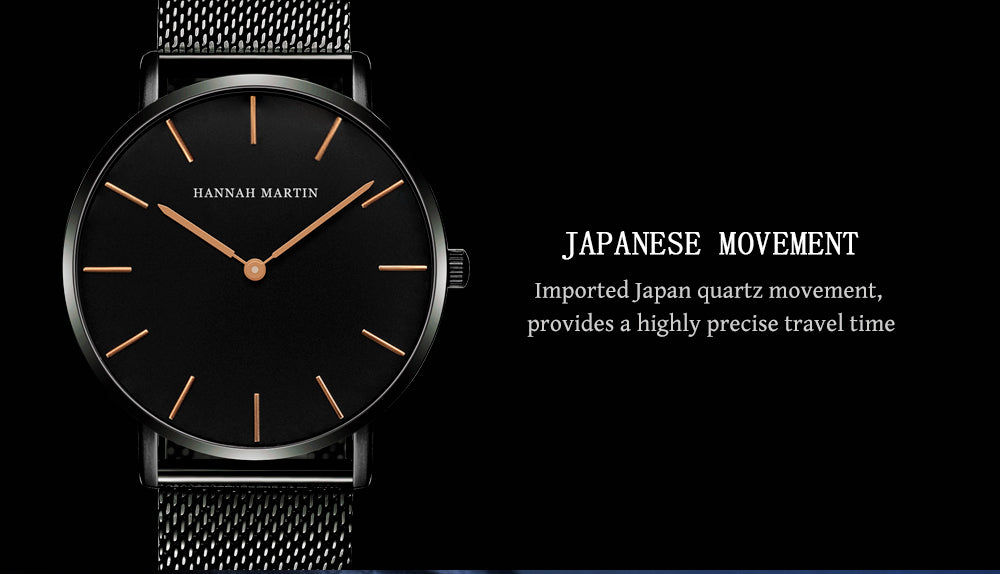 A stylish black watch featuring a waterproof Japan quartz movement and a stainless steel mesh band, perfect for men.